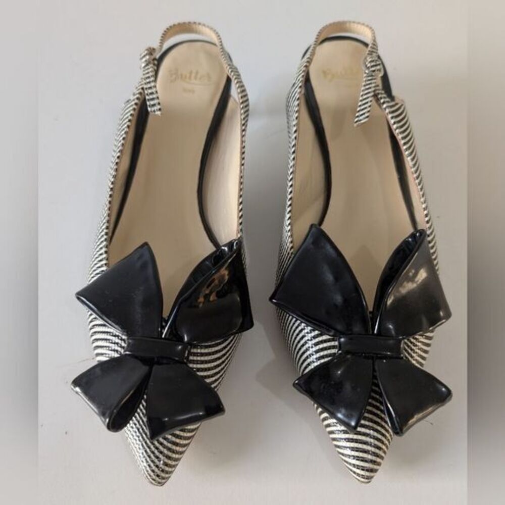 Butter Shoes Black & White Striped Pointed Toe Slingback Heels with Black Bow
